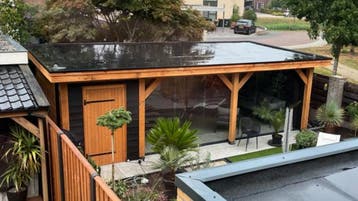 ALL IN DEAL- Plat dak met glazen schuifwanden 8x4m €8467, Tuin en Terras, Overkappingen, Ophalen of Verzenden, Nieuw, Veranda