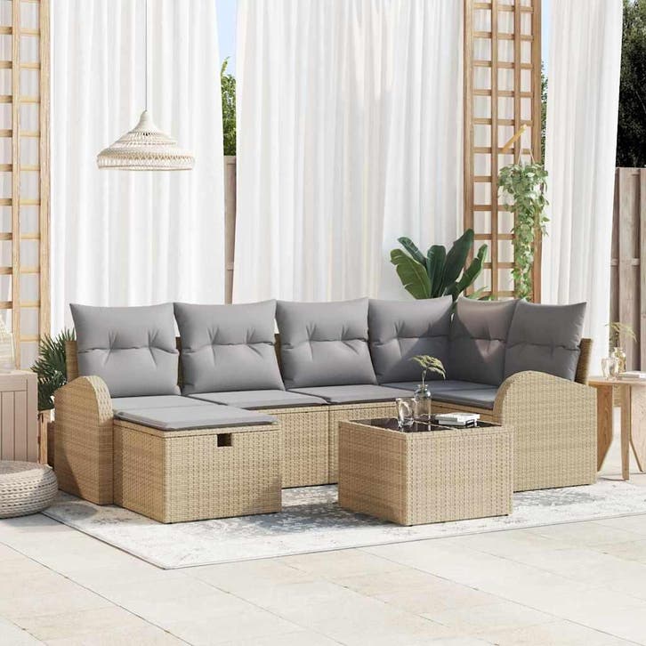 vidaXL Tuin Sofa Set met kussen met opslag 7 pcs Beige Poly, Tuin en Terras, Tuinsets en Loungesets, Nieuw, Rotan, Verzenden