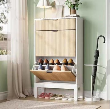 Smalle Schoenenkast met 2 Klepladen – Fluted Design, Huis en Inrichting, Kasten | Schoenenkasten, Verzenden, Nieuw