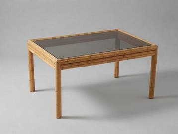 Tafel - Jaren zeventig eettafel van bamboe en gerookt glas,, Antiek en Kunst