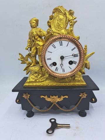 Figurale pendule - Antiek Zinklegering, Marmer, Verguld -