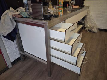 RVS dubbele wastafel met spoeldouche trespa laden VEILING, Gebruikt, RVS Meubilair
