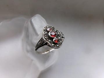 Zilver, Granaat en marcasieten - Ring - Art Deco-stijl