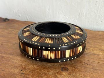 African black wood inlaid porcupine quill round storage box