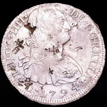 Spanje. Carlos IV. 8 Reales 1794 Lima IJ Resellos, Postzegels en Munten