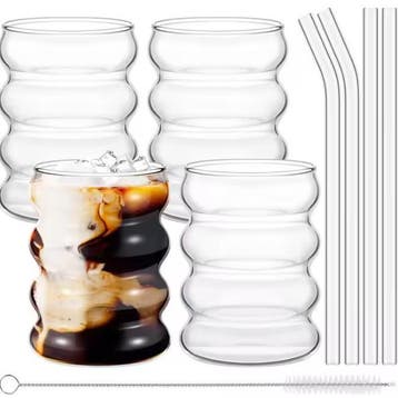 Set van 4 Vintage Geribbelde Glazen Bekers met Rietjes Glasw, Verzenden, Nieuw