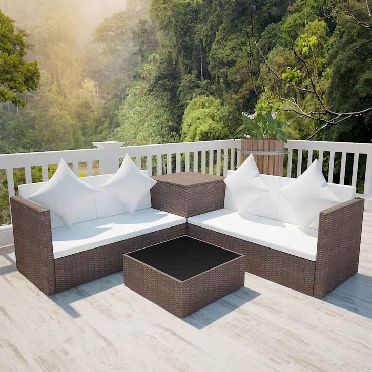 vidaXL 4-delige Loungeset met kussens poly rattan bruin, Tuin en Terras, Tuinsets en Loungesets, Loungeset, Nieuw, 4 zitplaatsen