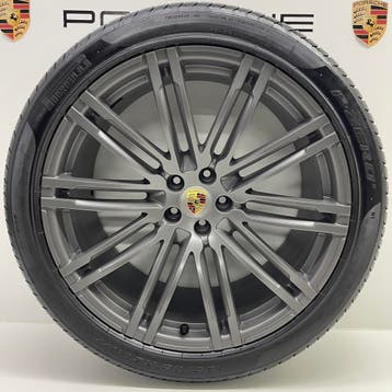 Porsche Macan ORIGINELE 21inch Turbo III Platinium + banden, Ophalen, Gebruikt, 295 mm, Banden en Velgen