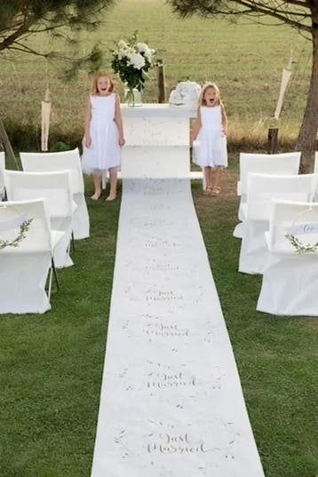 10 meter lange loper Just Married wit met goud, Ophalen of Verzenden, Nieuw, Versiering, Geboorte of Huwelijk