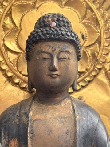 Amida Buddha with Gilt Flame Mandorla and Lotus Base 65cm