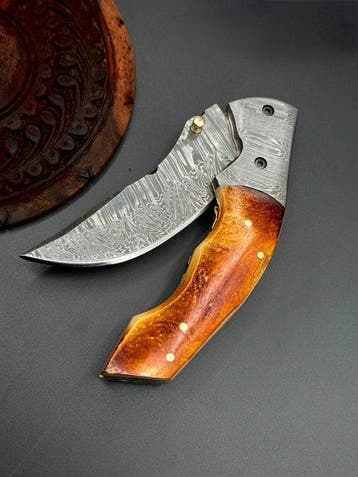 Keukenmes - Keukenmes, Damascus-opvouwbaar mes met leren, Antiek en Kunst