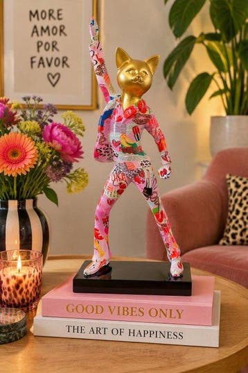 sculptuur, Pop Art Disco Kattenfiguur met Gouden Kop - 40 cm