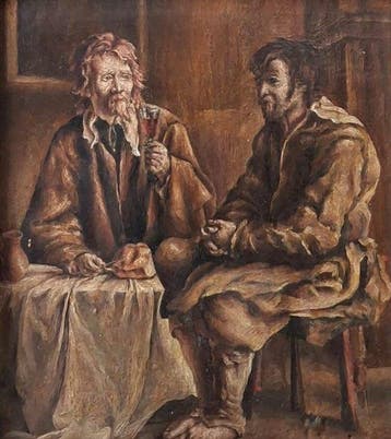 Italiaanse school (XX) - Due personaggi attorno ad un tavolo, Antiek en Kunst