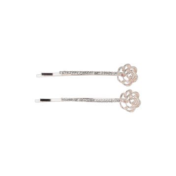 Haarspeld Schuifspeldjes 6cm - Roos Bloem Strass - Zilver -, Nieuw