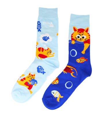 Sokken katoen - kat vis print - blauw oranje - maat 38-46, Nieuw