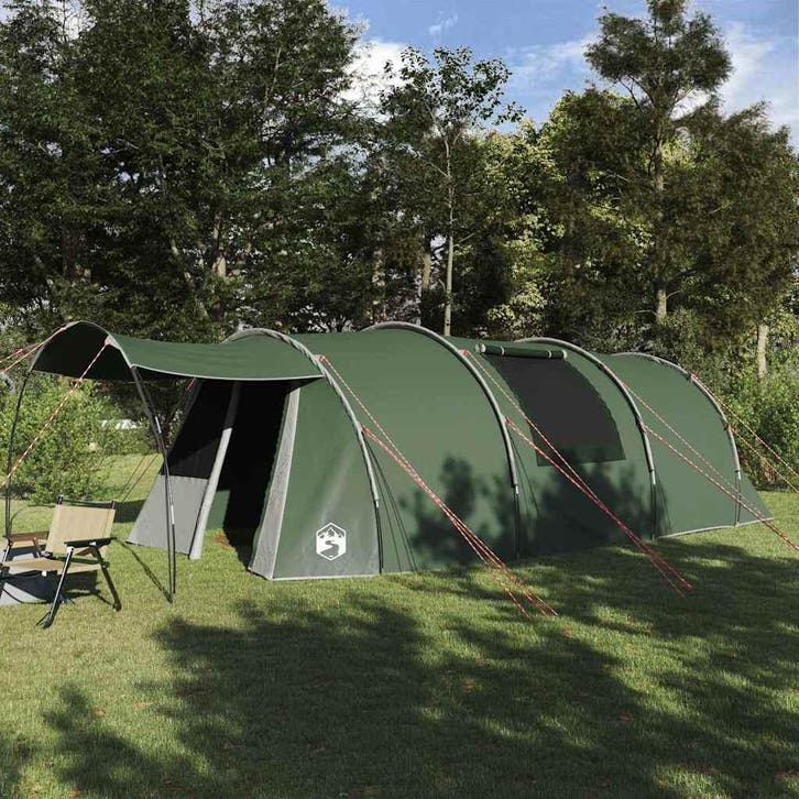vidaXL Tunnel Tent 4-Person met dak Groen en Wit 740 x 370 x, Caravans en Kamperen, Tenten, Nieuw, tot en met 2, Verzenden
