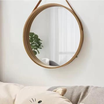 Ronde Wandspiegel met Houten Rand en Leren Ophanglus, Verzenden, Nieuw