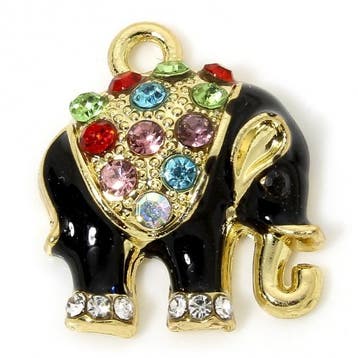 1 x Vergulde bedel zwarte enamel Olifant met strass 18mm..., Ophalen of Verzenden, Nieuw, Bedel