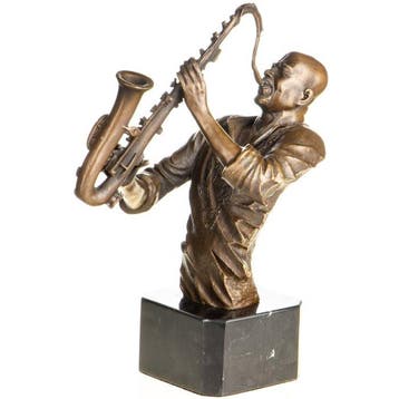 sculptuur, Sculpture en bronze – Buste de saxophoniste jazz, Antiek en Kunst