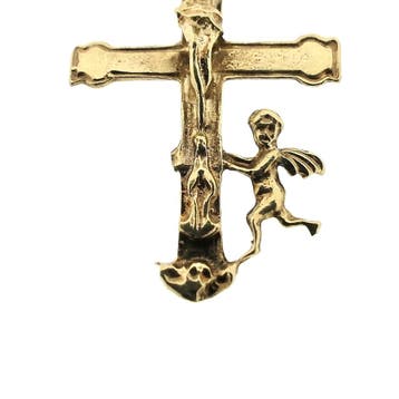 Gouden hanger van een kruis met corpus en engel, Ophalen of Verzenden, Gebruikt, Goud, Overige merken