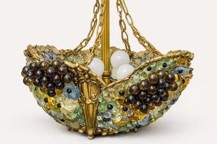 Kroonluchter - Messing, Glas - Grote vintage korfluster, Antiek en Kunst, Curiosa en Brocante