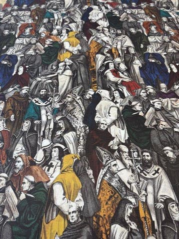 Artistiek textiel “Medieval Assembly” – Monastieke scènes en