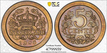 Koningin Wilhelmina 5 cent 1908 Proof PR65 PCGS, Verzenden, Koningin Wilhelmina, 5 cent, Losse munt