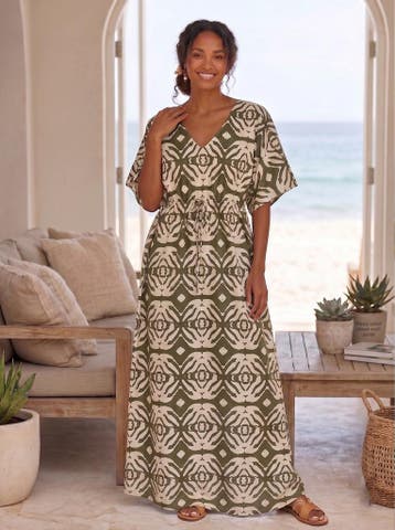 Boho rayon kaftan jurk met tailleband - Olijfgroen Crème Saf, Ophalen of Verzenden, Nieuw