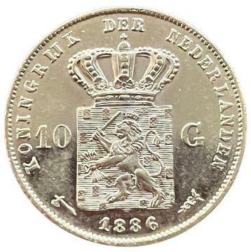 Gouden 10 gulden 1886 Willem III Schaars, Koning Willem III, Verzenden, Goud, Losse munt