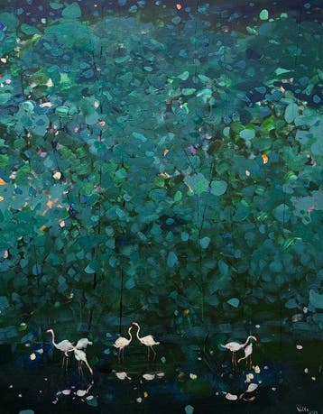 VOLTA - Flamingos in Emerald Night, Antiek en Kunst