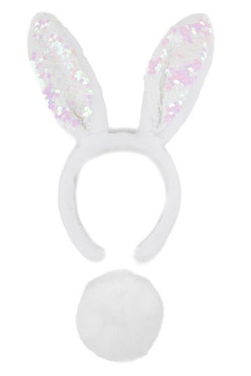 KIMU® Haarband Konijn Oren Wit Pailletten Staart Diadeem Kon, Ophalen of Verzenden, Nieuw, Carnaval, Accessoires