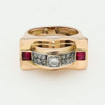 Ring - 14 karaat Geel goud - Diamant - Robijn, Nieuw