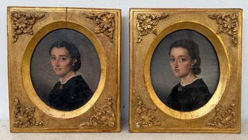 Italiaanse school (XIX) - Coppia di ritratti di giovani, Antiek en Kunst