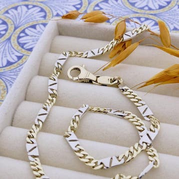 Bicolor gouden gourmet/fantasieschakel ketting, Ophalen of Verzenden, Gebruikt, Goud, Goud