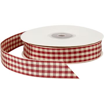 Geruit lint, B: 20 mm, antiek rood/wit, 25 m/ 1 rol, Nieuw