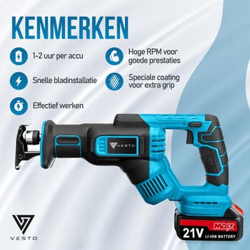 Vesto® Accu Reciprozaag – 21V Li-Ion – Incl. 2 Accu’s, Zaagb, Verzenden, Zo goed als nieuw