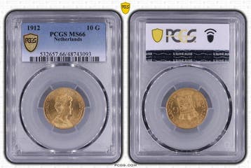 Gouden Wilhelmina 10 gulden 1912 MS66 gecertificeerd PCGS, Verzenden, Goud, Koningin Wilhelmina, Losse munt