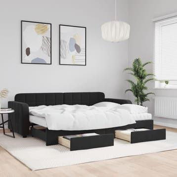 vidaXL Slaapbank met onderschuifbed en lades 80x200 cm, Eenpersoons, Verzenden, Zwart, Nieuw