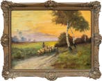 English school (XIX) - Landscape with flocks at sunset