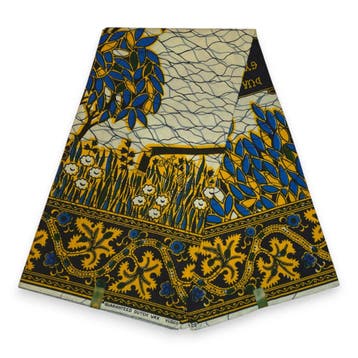VLISCO stof Hollandais Afrikaanse Wax print - Blauw Geel Fal, Hobby en Vrije tijd, Stoffen en Lappen, Ophalen of Verzenden, Nieuw