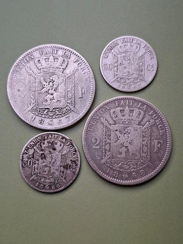 België. Leopold II. Lot van 2x 2 Francs en 2x 50 Centimes