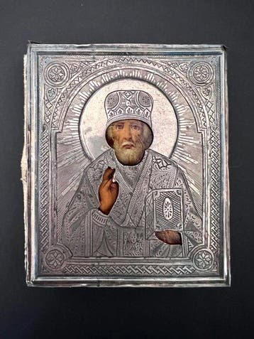Icoon - Nikolaas de Wonderdoener - .875 (84 Zolotniki), Antiek en Kunst