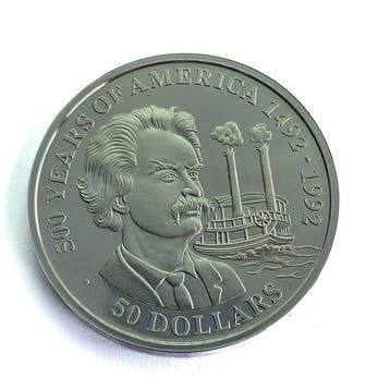 Cookeilanden. 50 Dollars 1990 Mark Twain / 500 Years of, Postzegels en Munten