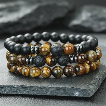 Set van 3 Heren Armbanden: Tijgeroog, Lavasteen & Onyx - Nat, Verzenden, Nieuw