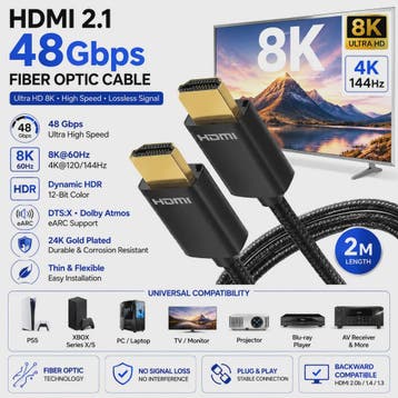 HDMI 2.1 Glasvezel Kabel 8K 48Gbps - 2 Meter - PS5, Xbox, PC, Verzenden, Nieuw
