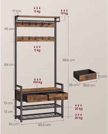 6-in-1 Kapstok met Schoenenbank –Met Laden, 10 Haken en Rack, Huis en Inrichting, Woonaccessoires | Kapstokken, Verzenden, Nieuw