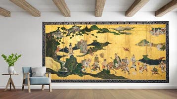 Vouwscherm met Chinese en Japanse taferelen - Papier, hout,, Antiek en Kunst