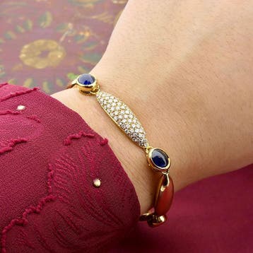 Gouden fantasieschakel armband met saffier en diamanten;..., Gebruikt, Ophalen of Verzenden, Met edelsteen, Goud