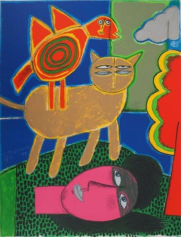 Corneille (1922-2010) - Loiseau, le chat et la tête rose,
