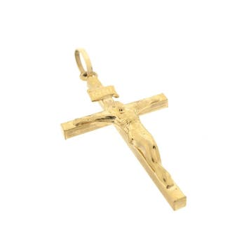 Gouden hanger van een kruis met corpus; INRI, Ophalen of Verzenden, Gebruikt, Goud, Overige merken